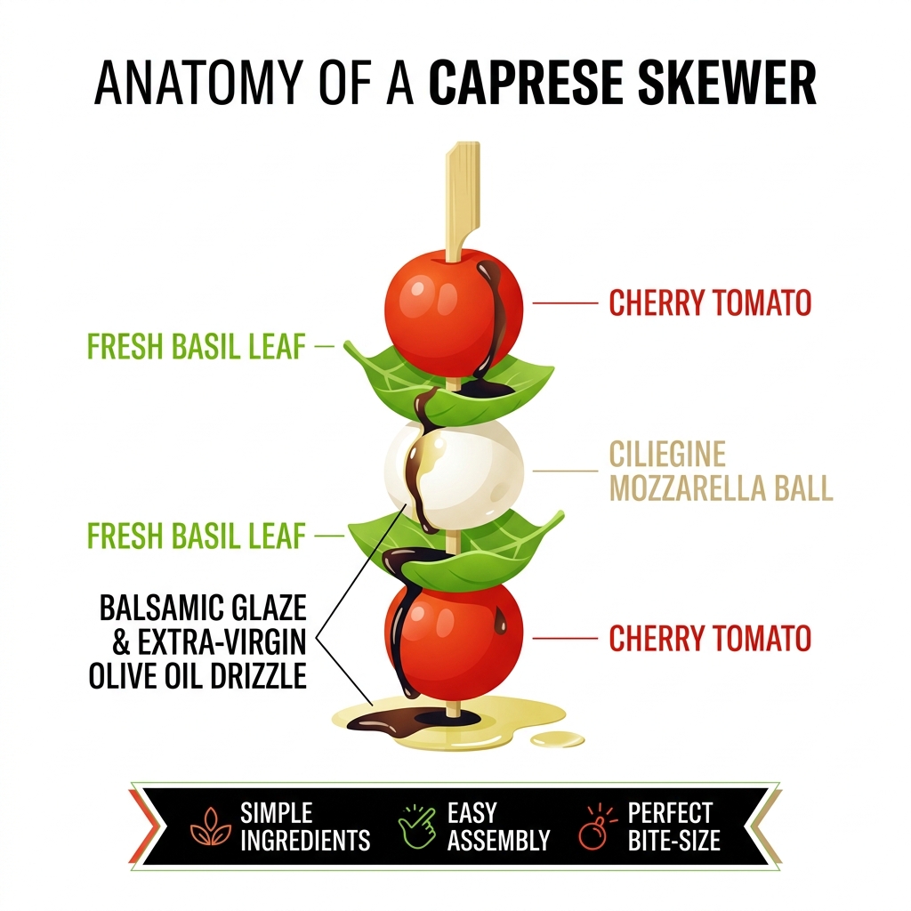 Anatomy of a Caprese skewer showing tomato, basil, mozzarella layers with labels and drizzle - tomato basil and mozzarella Anatomy of a Caprese skewer showing tomato, basil, mozzarella layers with labels and drizzle - tomato basil and mozzarella