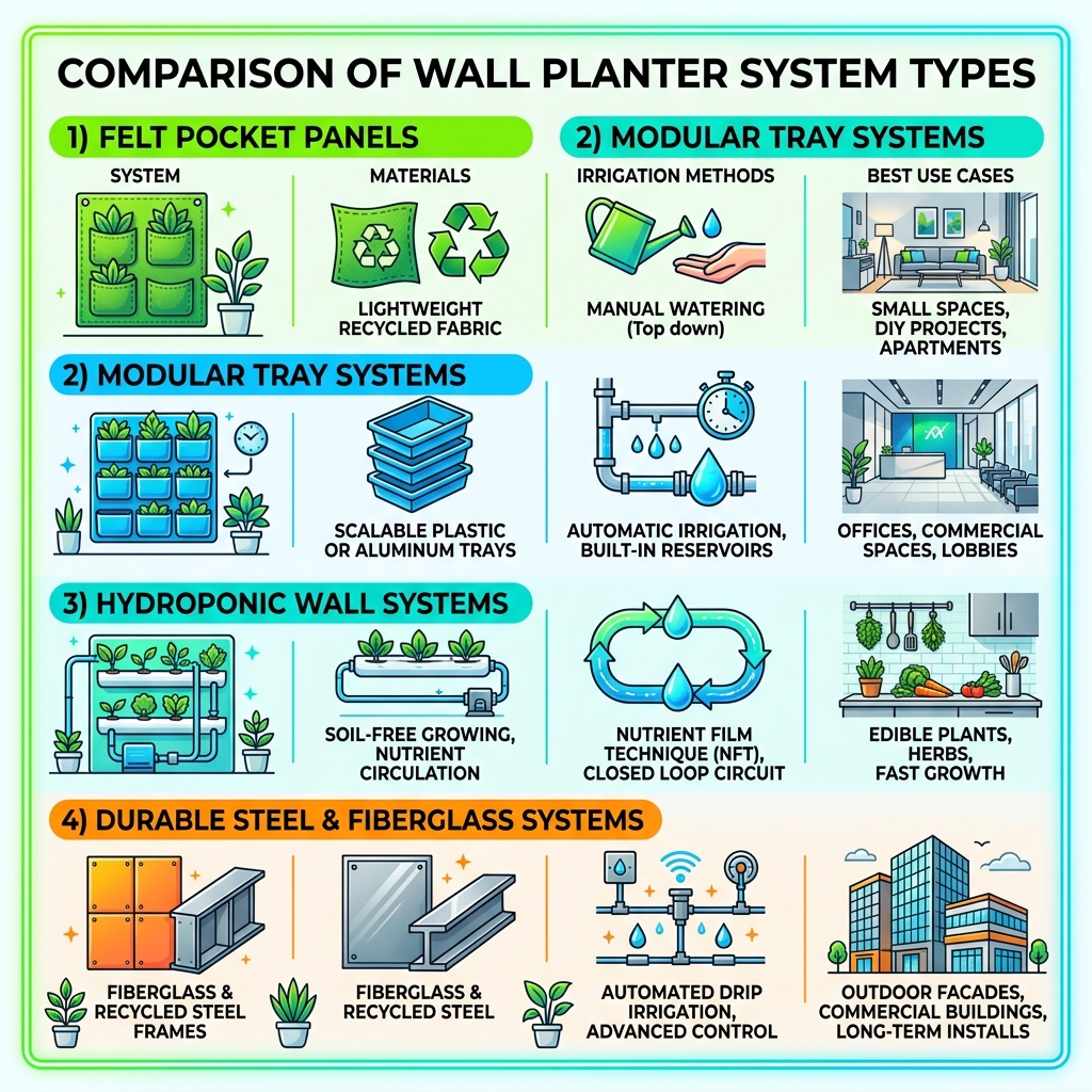 comparison infographic of wall planter system types showing materials irrigation methods and best use cases - wall planter