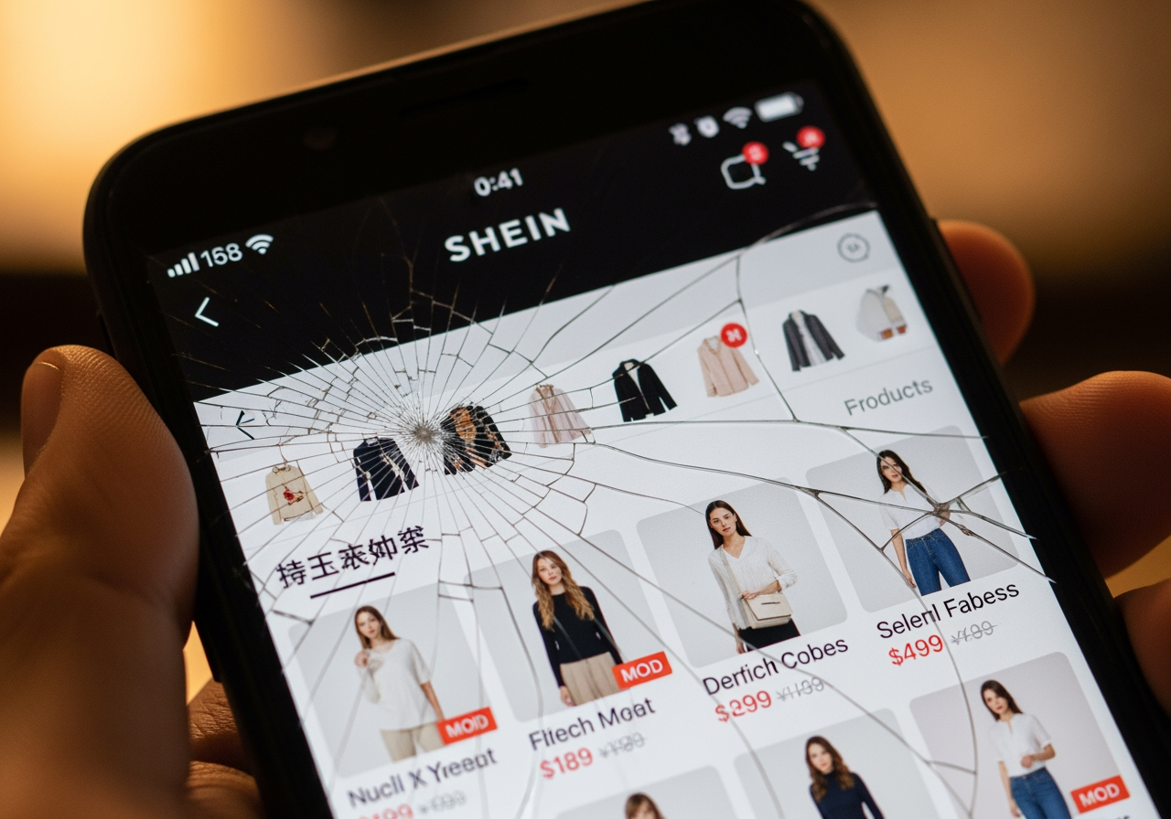 cracked phone screen with Shein app - is shein a scam