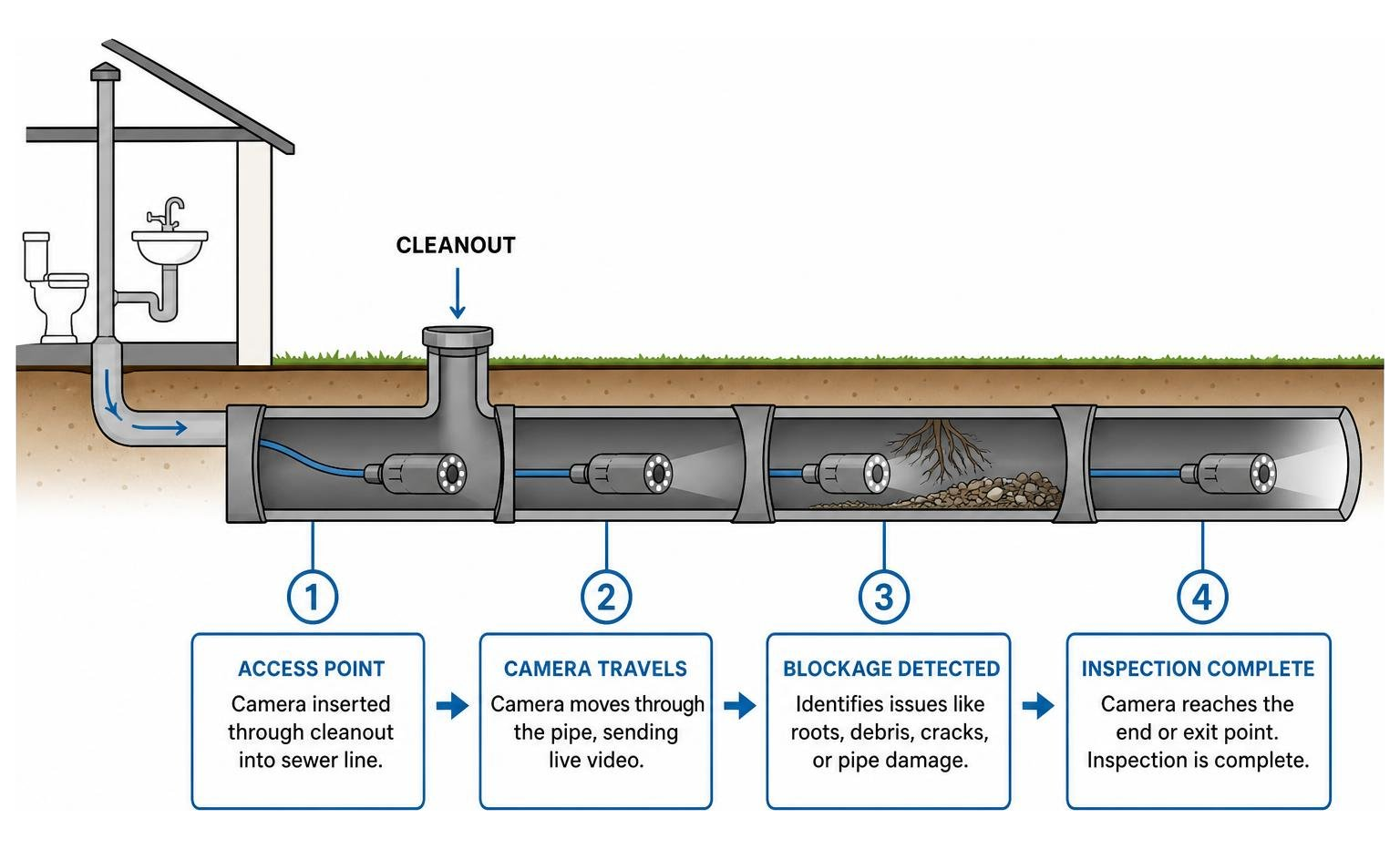 Visual representation of a sewer camera traveling through a residential sewer line to identify blockages Visual representation of a sewer camera traveling through a residential sewer line to identify blockages