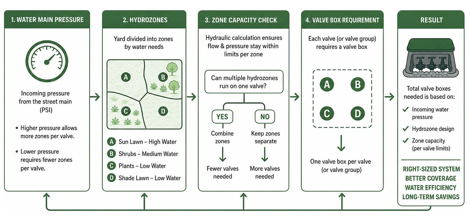 Diagram showing how water main pressure and hydrozones dictate valve box requirements Diagram showing how water main pressure and hydrozones dictate valve box requirements