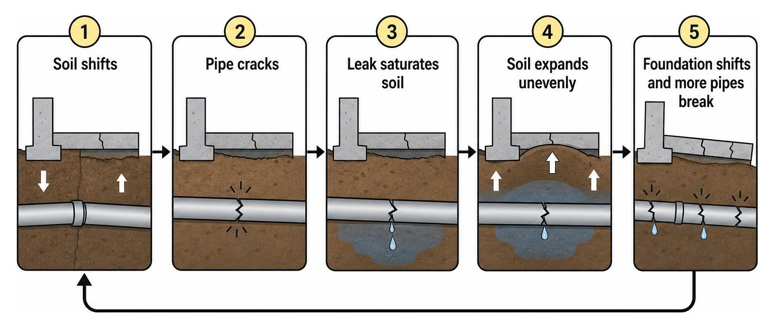 Diagram showing the destructive feedback loop: soil shifts to pipe cracks to leak saturates soil to soil expands unevenly to Diagram showing the destructive feedback loop: soil shifts to pipe cracks to leak saturates soil to soil expands unevenly to
