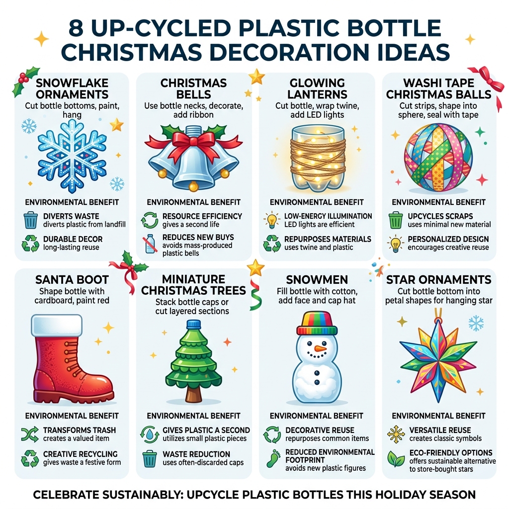 Infographic showing 8 plastic bottle Christmas decoration ideas and their environmental benefits - recycled christmas Infographic showing 8 plastic bottle Christmas decoration ideas and their environmental benefits - recycled christmas