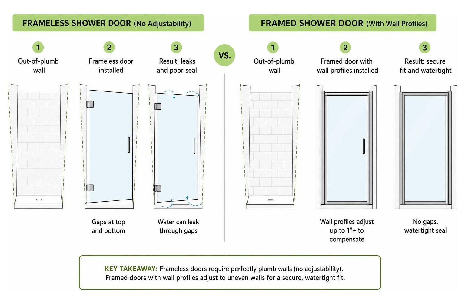 Diagram showing how out-of-plumb walls affect a frameless shower door vs. a framed door with wall profiles Diagram showing how out-of-plumb walls affect a frameless shower door vs. a framed door with wall profiles