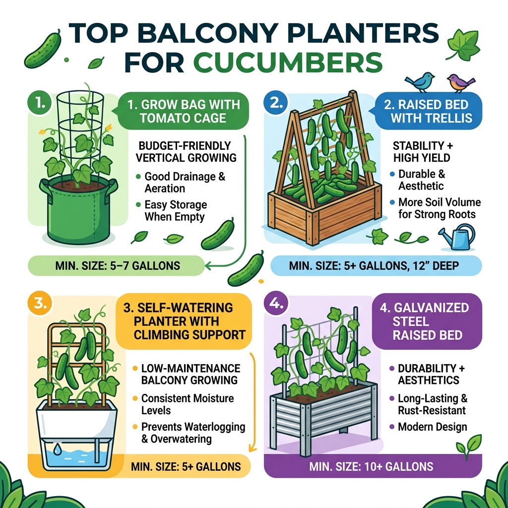 Infographic showing top balcony cucumber planter types, key features, and minimum size requirements - balcony planters for Infographic showing top balcony cucumber planter types, key features, and minimum size requirements - balcony planters for