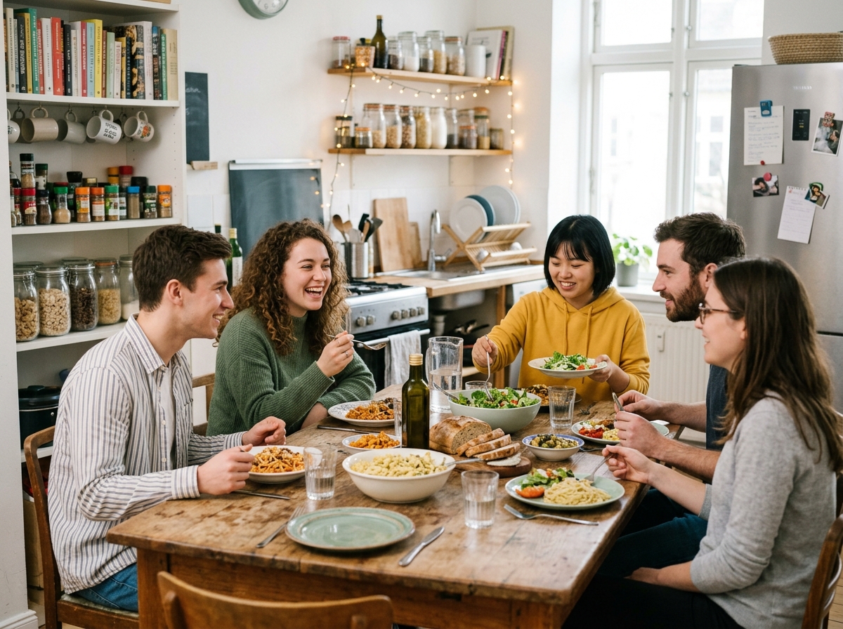 young adults sharing a meal in a shared kitchen - young adults save rent
