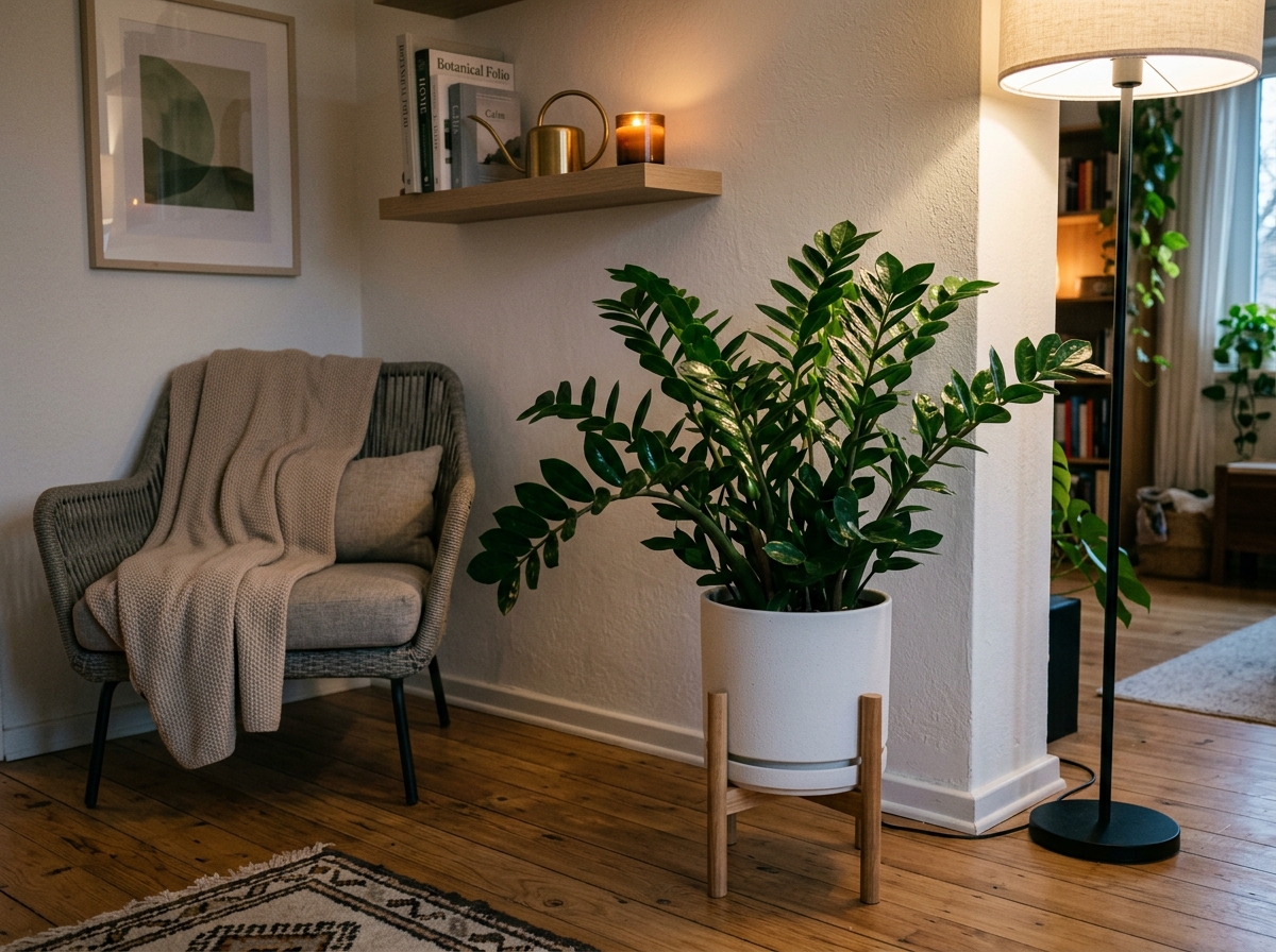 a ZZ plant in a stylish ceramic pot sitting in a dimly lit corner - best plants for minimal light a ZZ plant in a stylish ceramic pot sitting in a dimly lit corner - best plants for minimal light