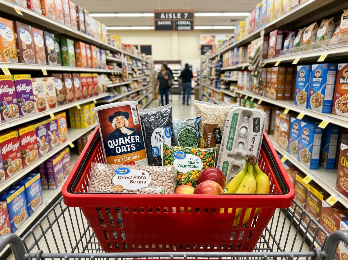 A grocery basket filled with affordable staples like oats, beans, and frozen greens - 1 week meal prep for weight loss