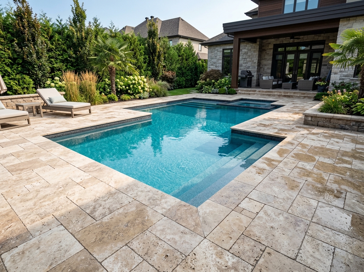 travertine pavers in a French pattern around a geometric pool - Best pool deck materials travertine pavers in a French pattern around a geometric pool - Best pool deck materials