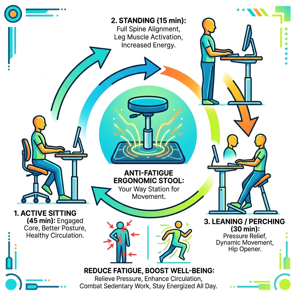 Sit-stand-lean cycle infographic showing posture transitions and fatigue reduction benefits - anti-fatigue ergonomic desk