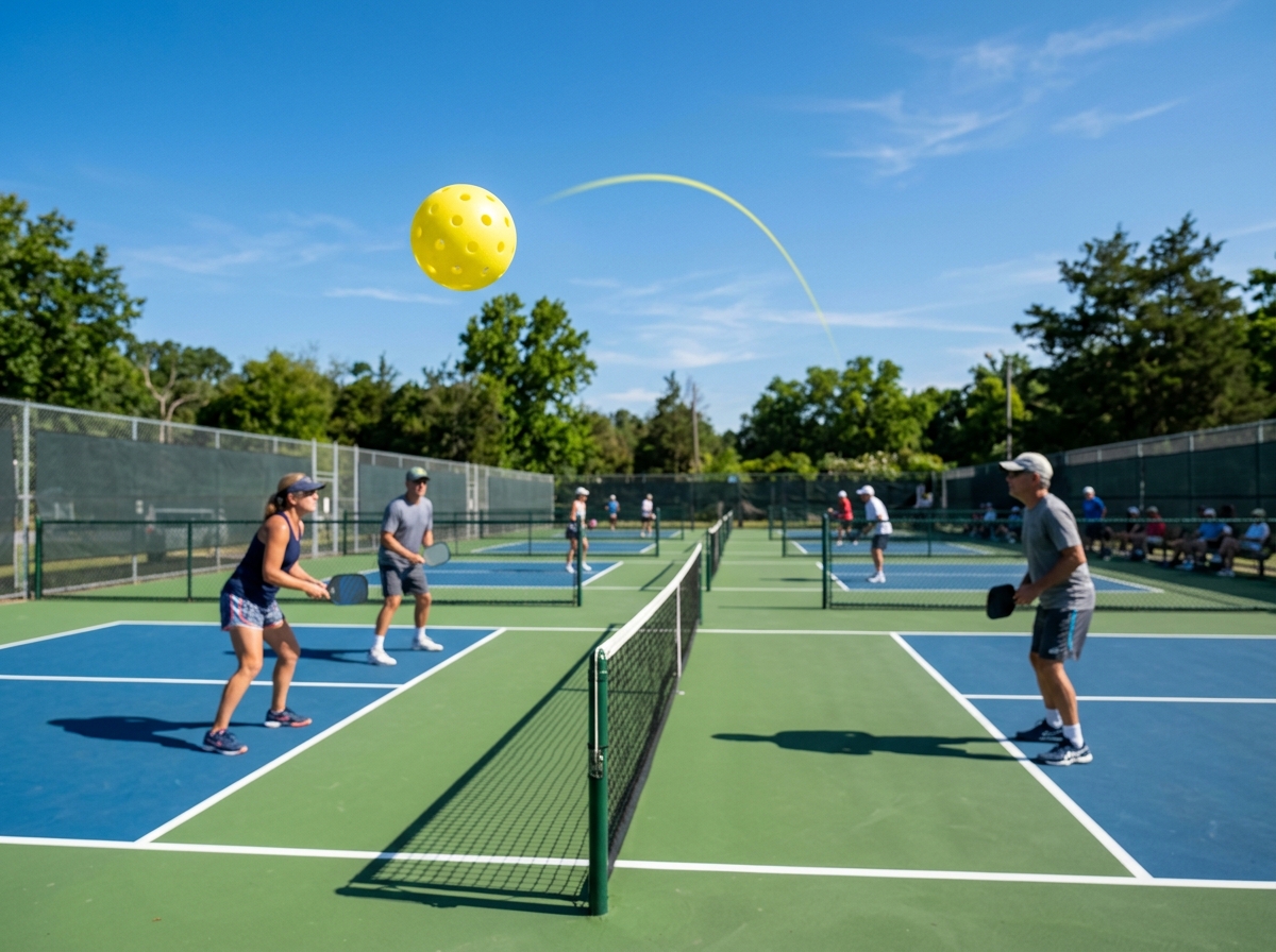 a pickleball in flight on an outdoor court showing its trajectory - pickleball balls difference
