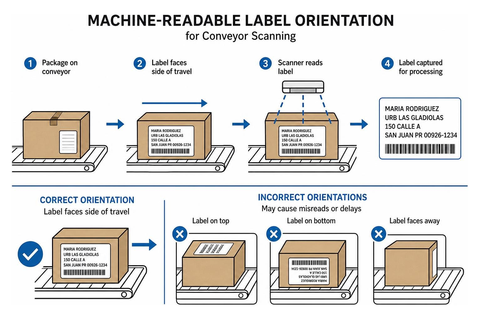 diagram of parcel conveyor scanning showing machine-readable label orientation diagram of parcel conveyor scanning showing machine-readable label orientation