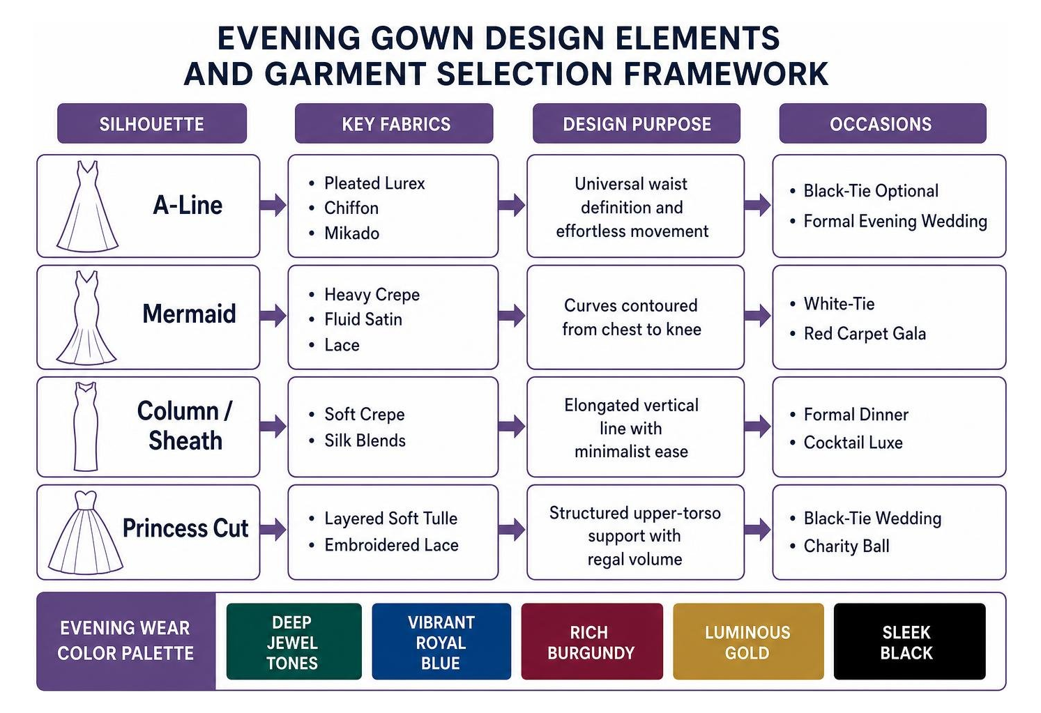 Evening gown design elements and garment selection framework