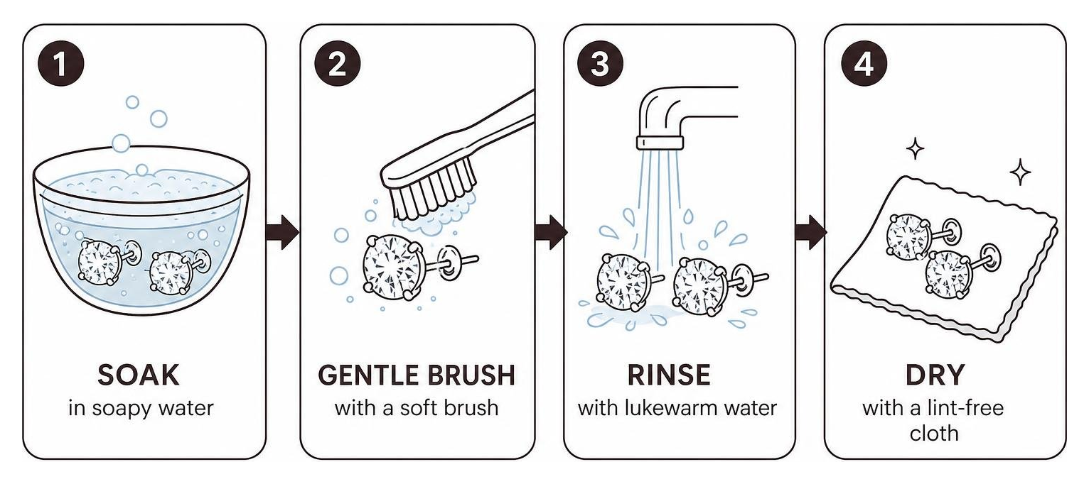 Diamond cleaning step-by-step: soak in soapy water, gentle brush, rinse, and dry Diamond cleaning step-by-step: soak in soapy water, gentle brush, rinse, and dry
