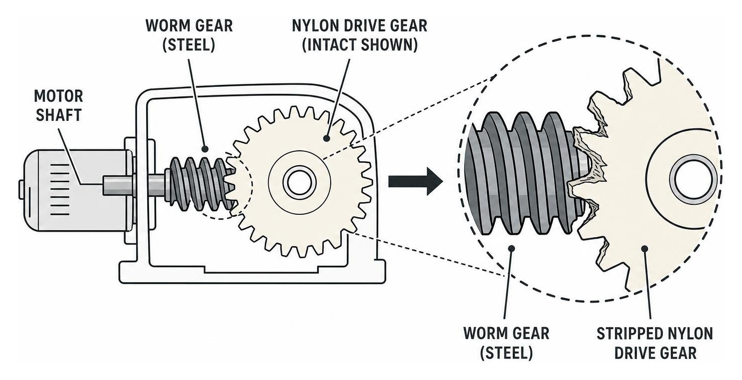 Diagram of motor shaft worm gear meshing with a stripped nylon drive gear