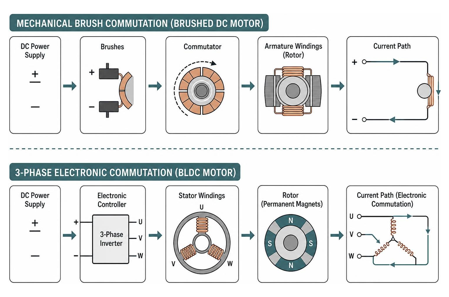 Diagram showing current flow differences between mechanical brush commutation and 3-phase electronic BLDC commutation