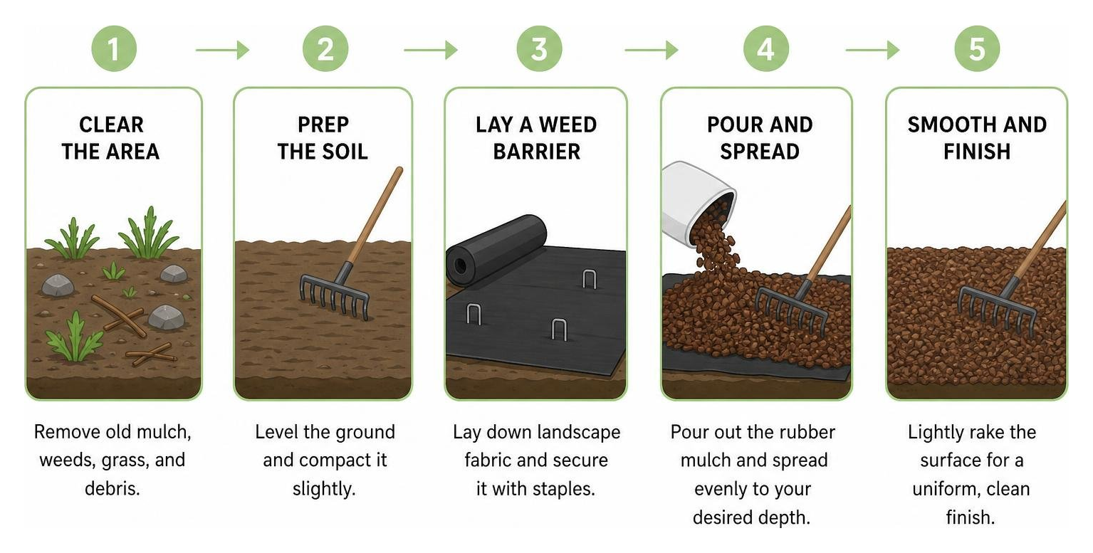 Step-by-step diagram of installing rubber mulch over a weed barrier