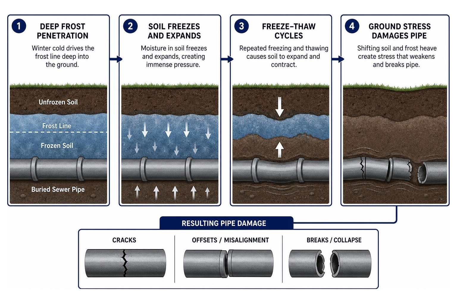 Diagram showing deep frost penetration and freeze-thaw ground stress on buried sewer pipes Diagram showing deep frost penetration and freeze-thaw ground stress on buried sewer pipes