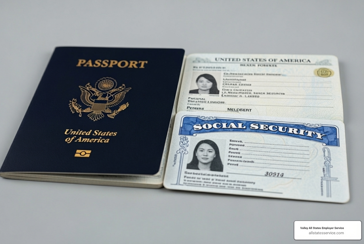 acceptable I-9 documents like a passport and social security card - E-Verify for employees