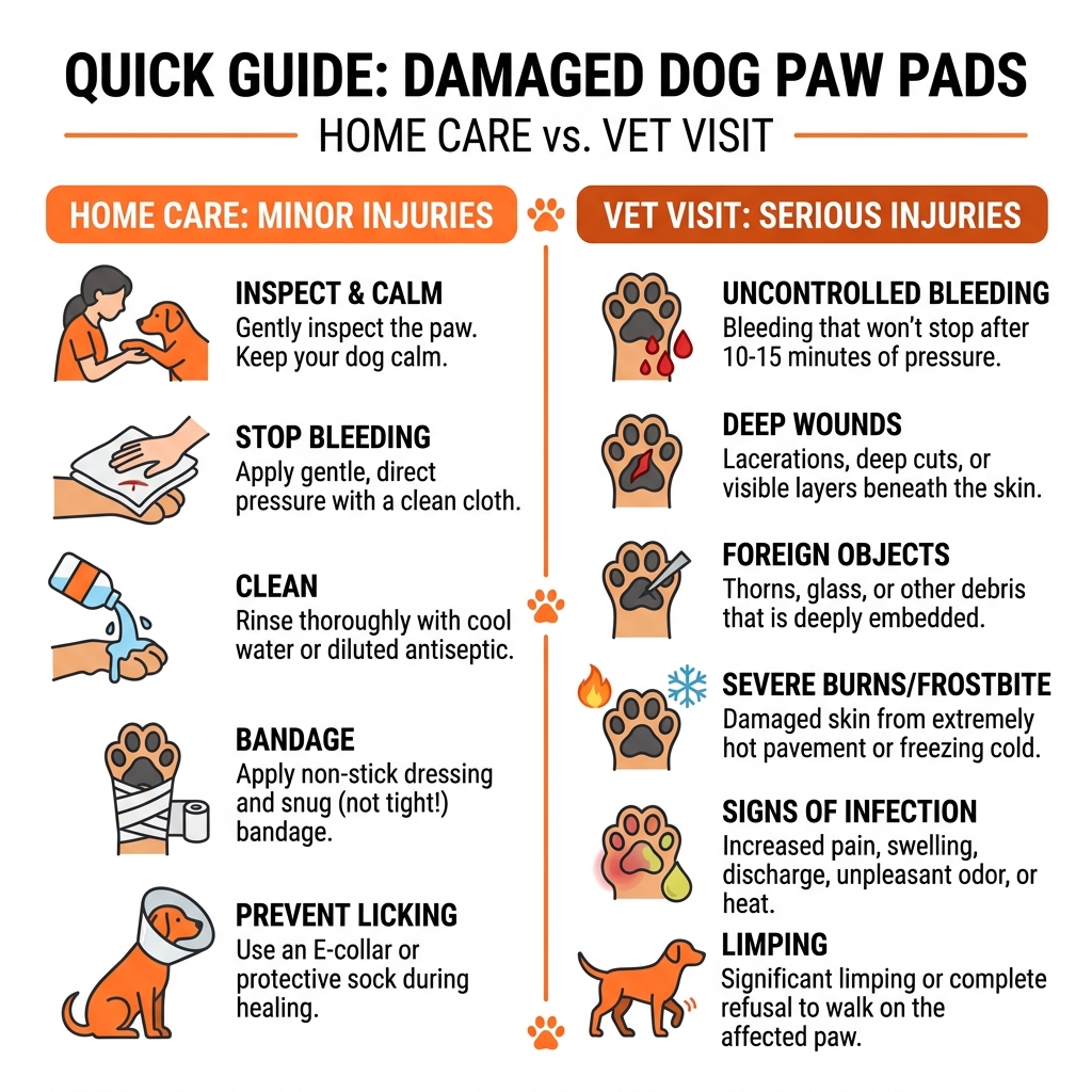 quick reference infographic for treating damaged dog paw pads at home vs. when to see a vet - damaged dog paw pads