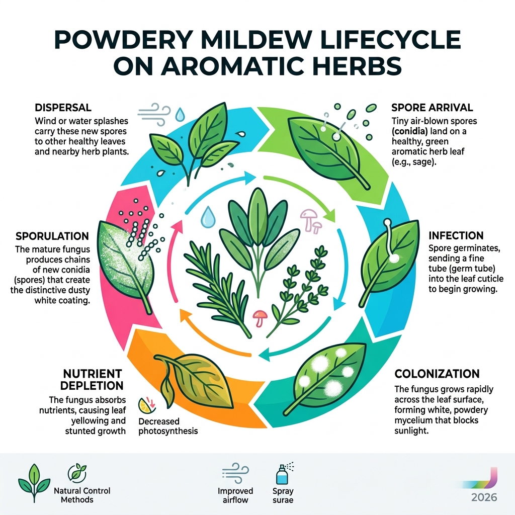 Powdery mildew lifecycle on aromatic herbs infographic - sage powdery mildew spray infographic 
