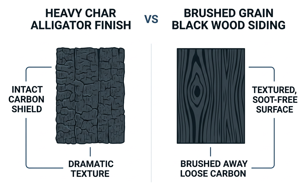 Comparison of heavy char alligator finish versus brushed grain black wood siding