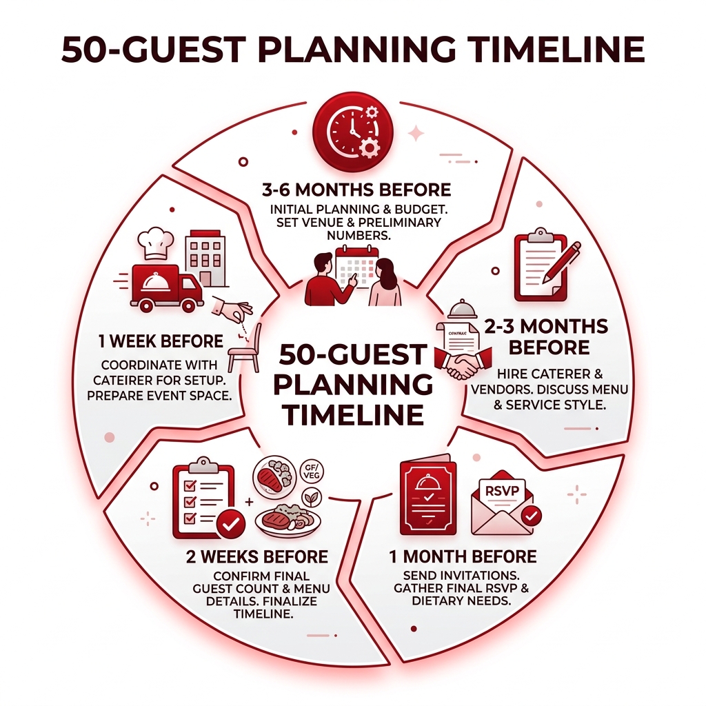 infographic explaining the 50-guest planning timeline - catering for 50 people infographic infographic explaining the 50-guest planning timeline - catering for 50 people infographic