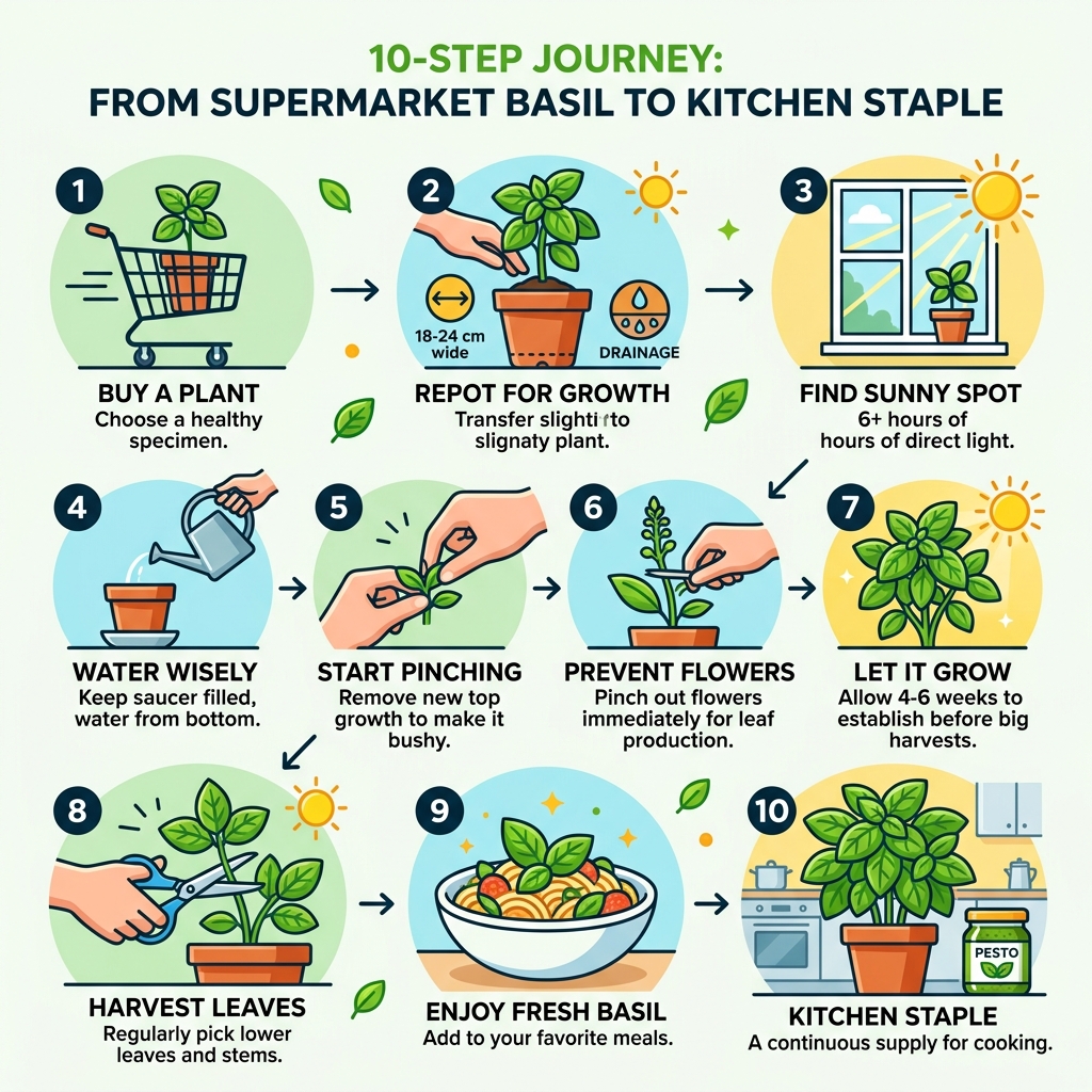 10-step journey from supermarket basil plant to kitchen staple infographic - basil plant in a pot infographic 