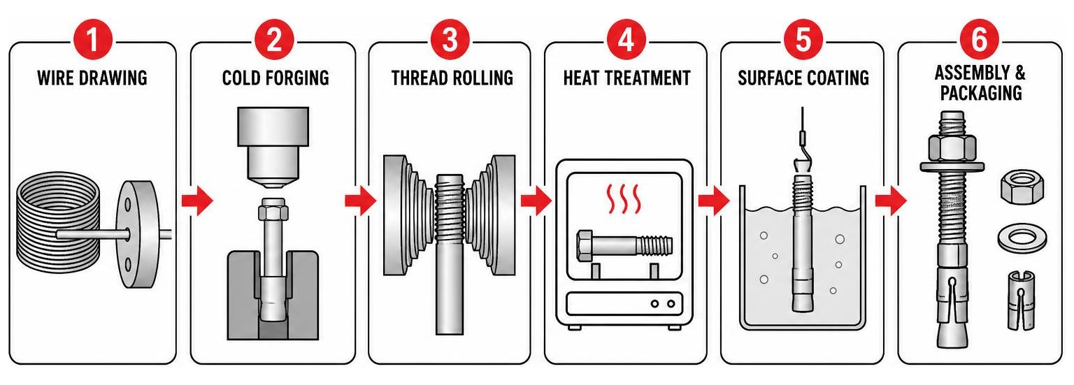 Step by step flow diagram showing raw wire drawing to cold forging thread rolling plating and final assembly Step by step flow diagram showing raw wire drawing to cold forging thread rolling plating and final assembly