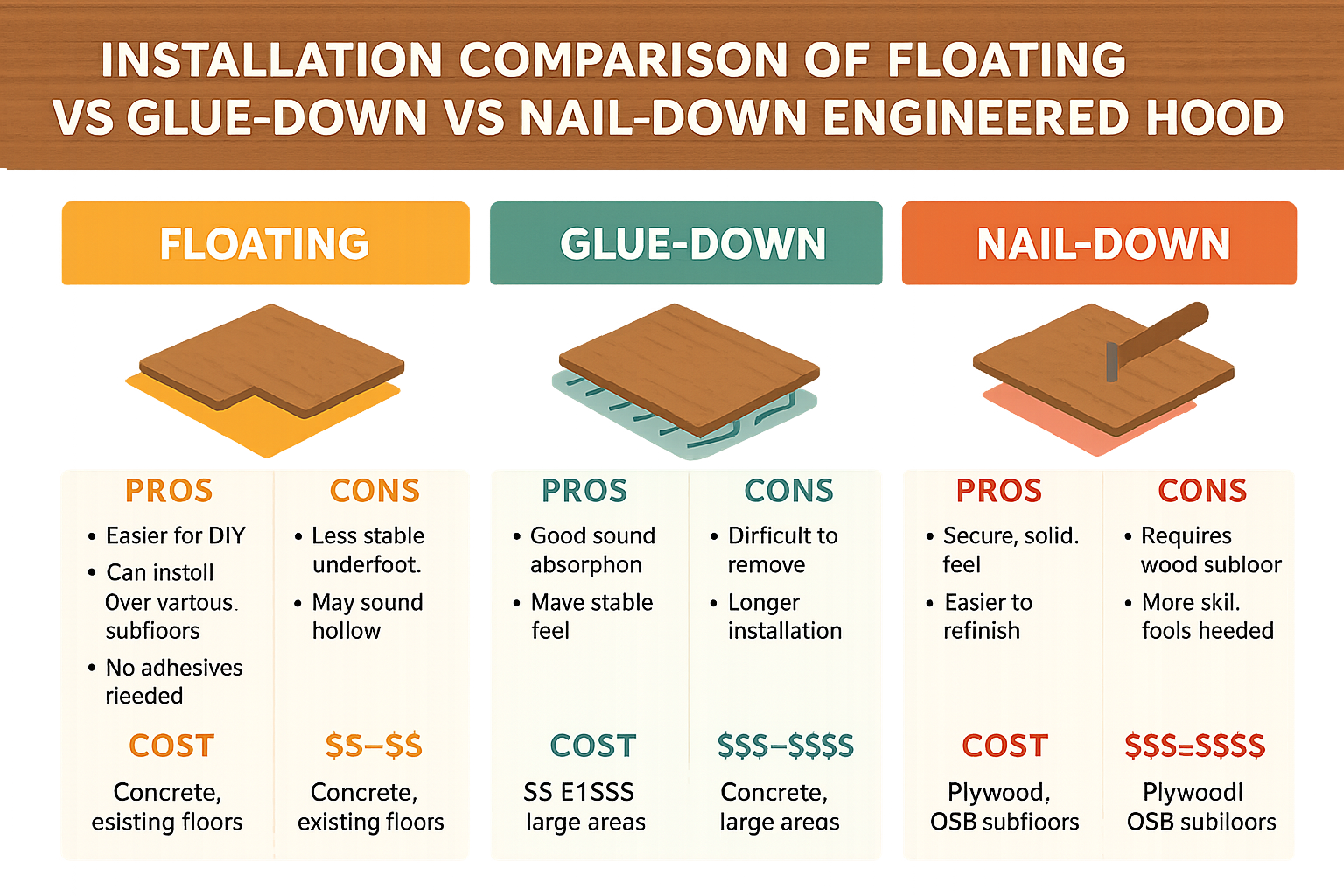 Installation comparison of floating vs glue-down vs nail-down engineered hardwood showing pros, cons, cost ranges, and best applications for each method - installing floating engineered hardwood floors on concrete slab infographic