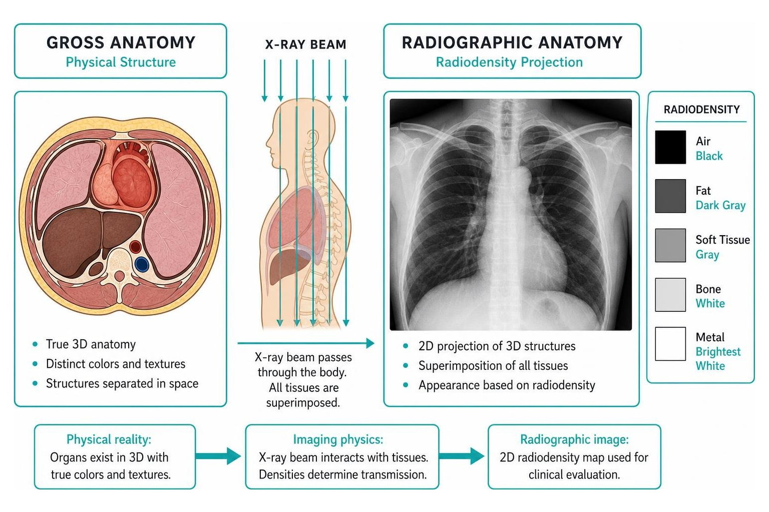 Comparison of gross anatomy versus radiographic anatomy showing physical structure versus radiodensity projection Comparison of gross anatomy versus radiographic anatomy showing physical structure versus radiodensity projection