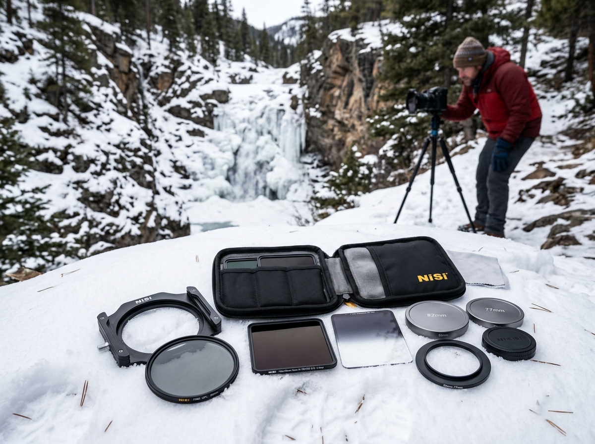 A professional filter kit including ND filters and a polarizer for winter photography - long exposure winter waterfalls