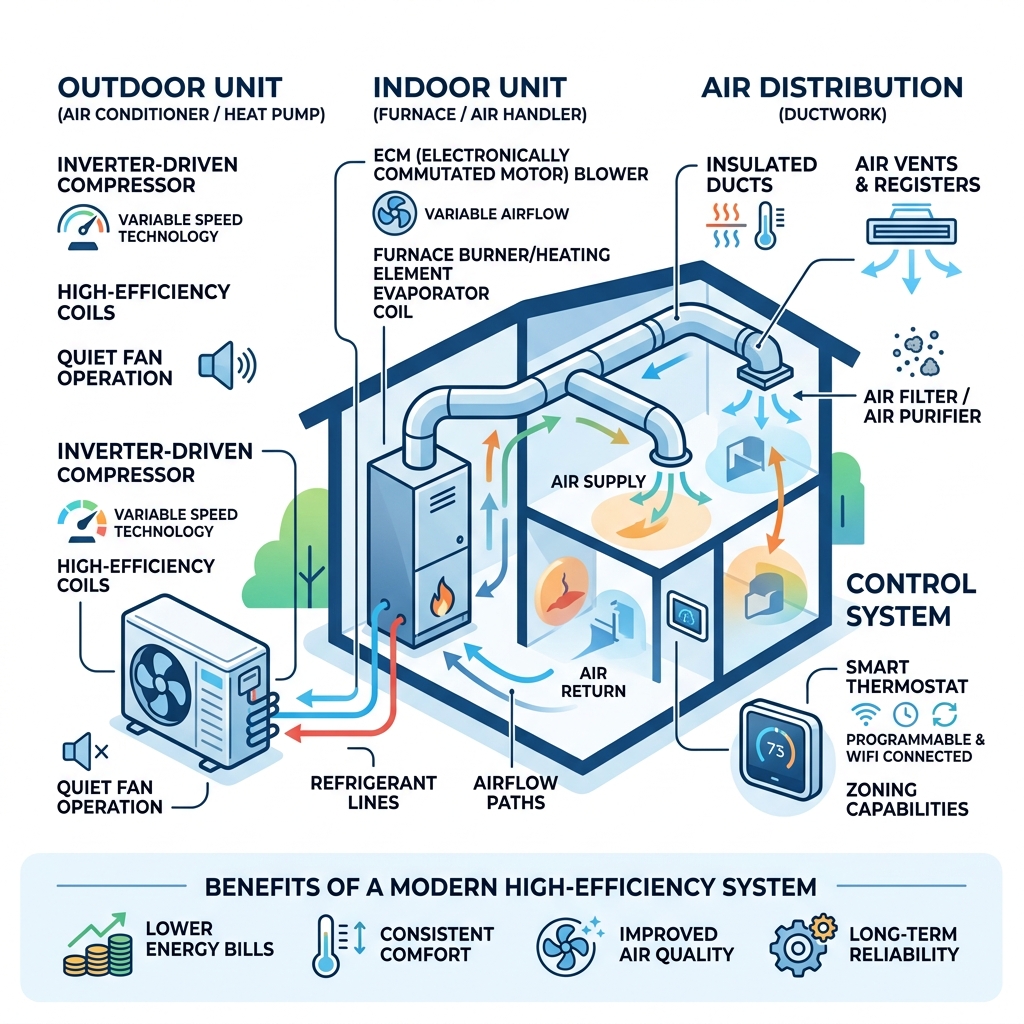 Infographic explaining the components of a modern high-efficiency HVAC system - best hvac deals infographic