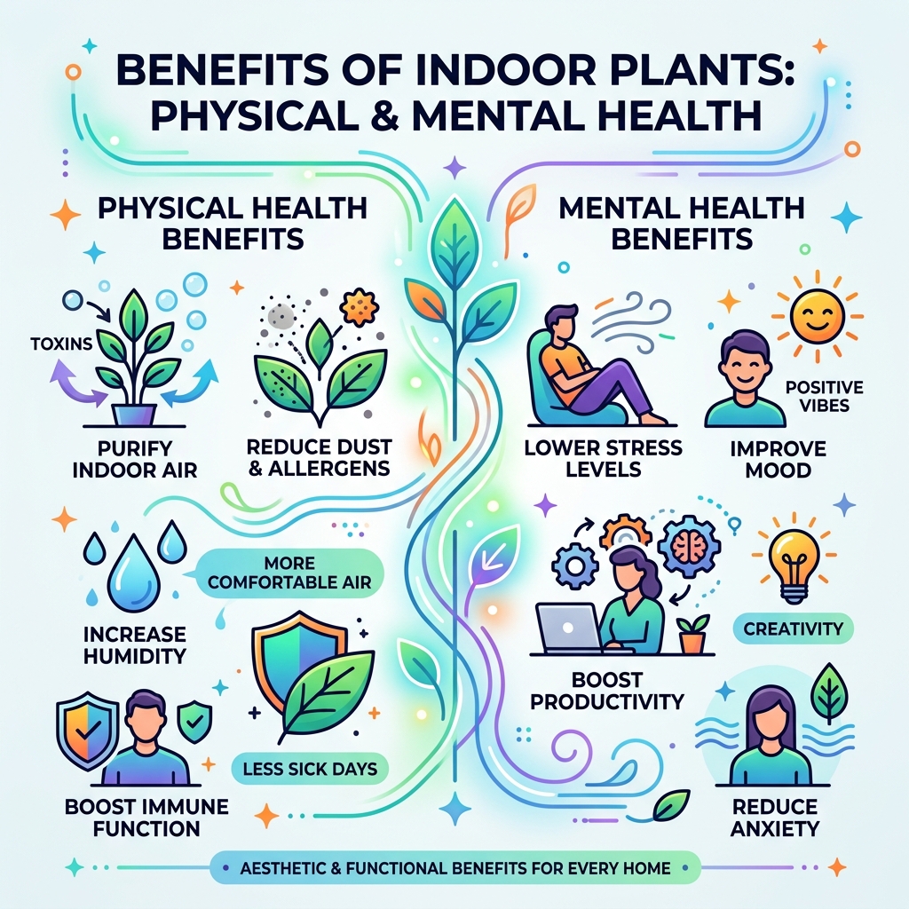 infographic showing physical and mental health benefits of indoor plants - indoor plant display ideas infographic 