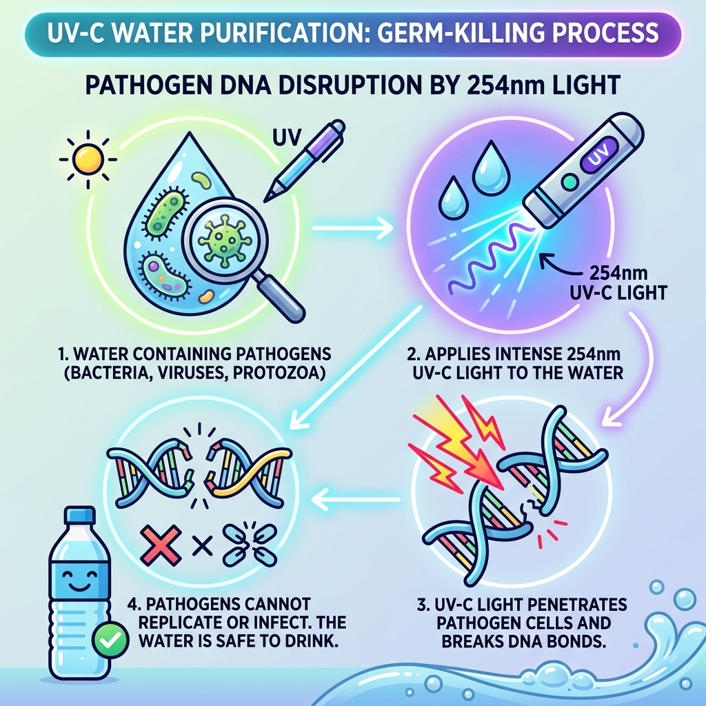 UV-C germicidal process showing pathogen DNA disruption in water - uv pen water purifier infographic UV-C germicidal process showing pathogen DNA disruption in water - uv pen water purifier infographic