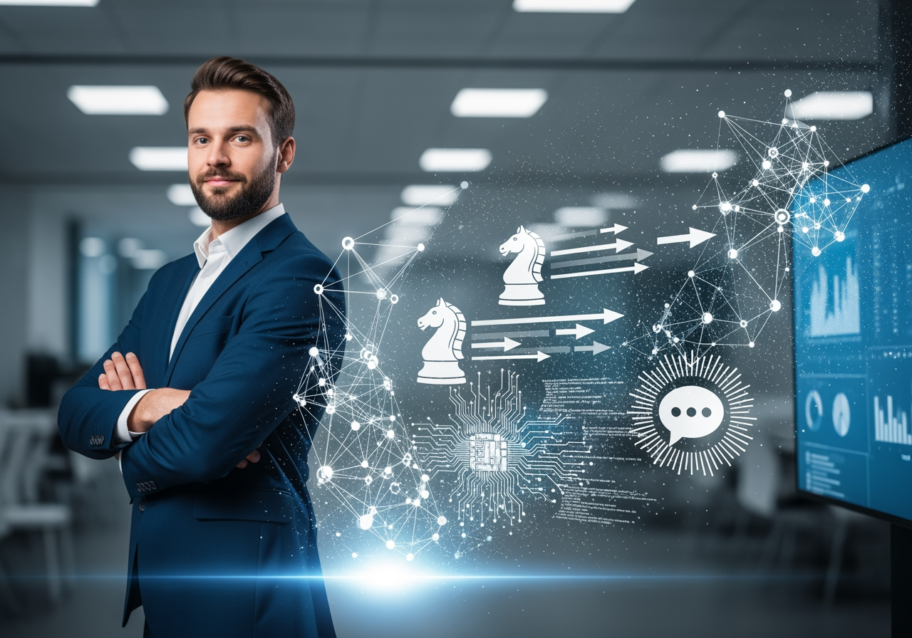 A checklist with key skills for a Google Ads expert, including analytical skills, strategic thinking, technical proficiency, communication, and industry knowledge - google adwords expert Business professional in a suit with arms crossed, surrounded by digital graphics of chess pieces, data flow, and technology symbols, representing strategic thinking and analytics in digital marketing.