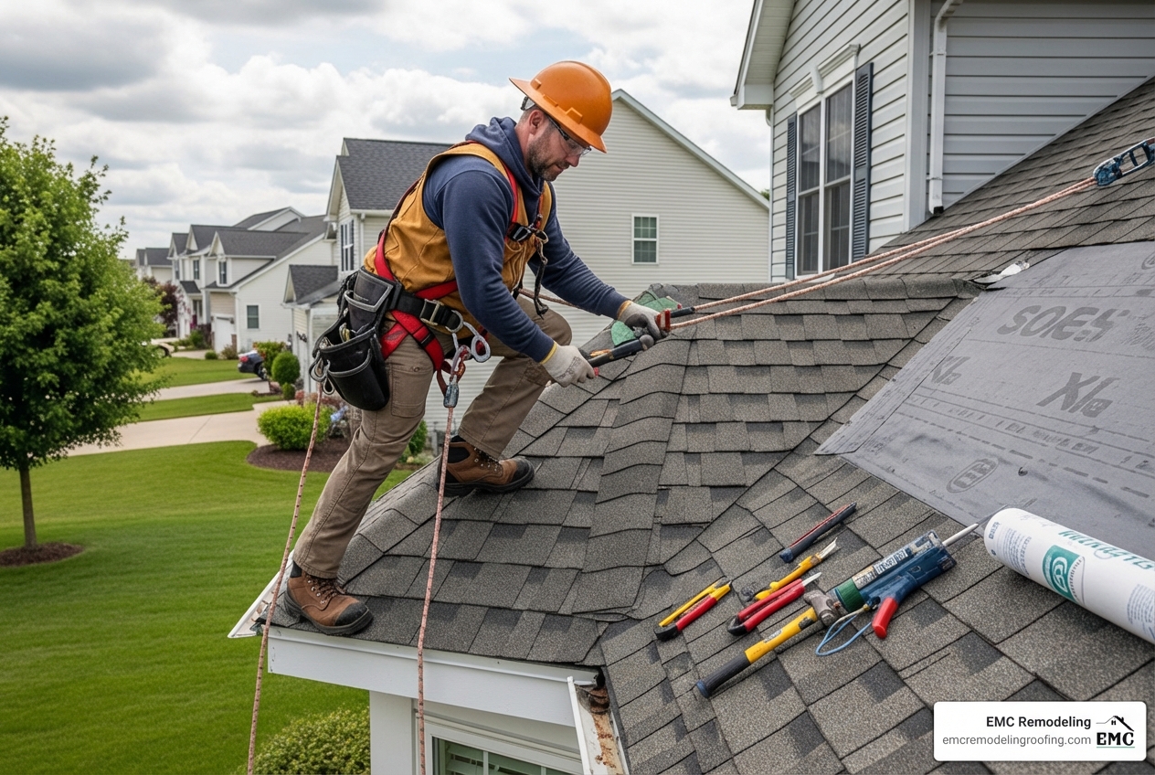 professional roofer working on a bay window roof with safety harness - bay roof replacement professional roofer working on a bay window roof with safety harness - bay roof replacement
