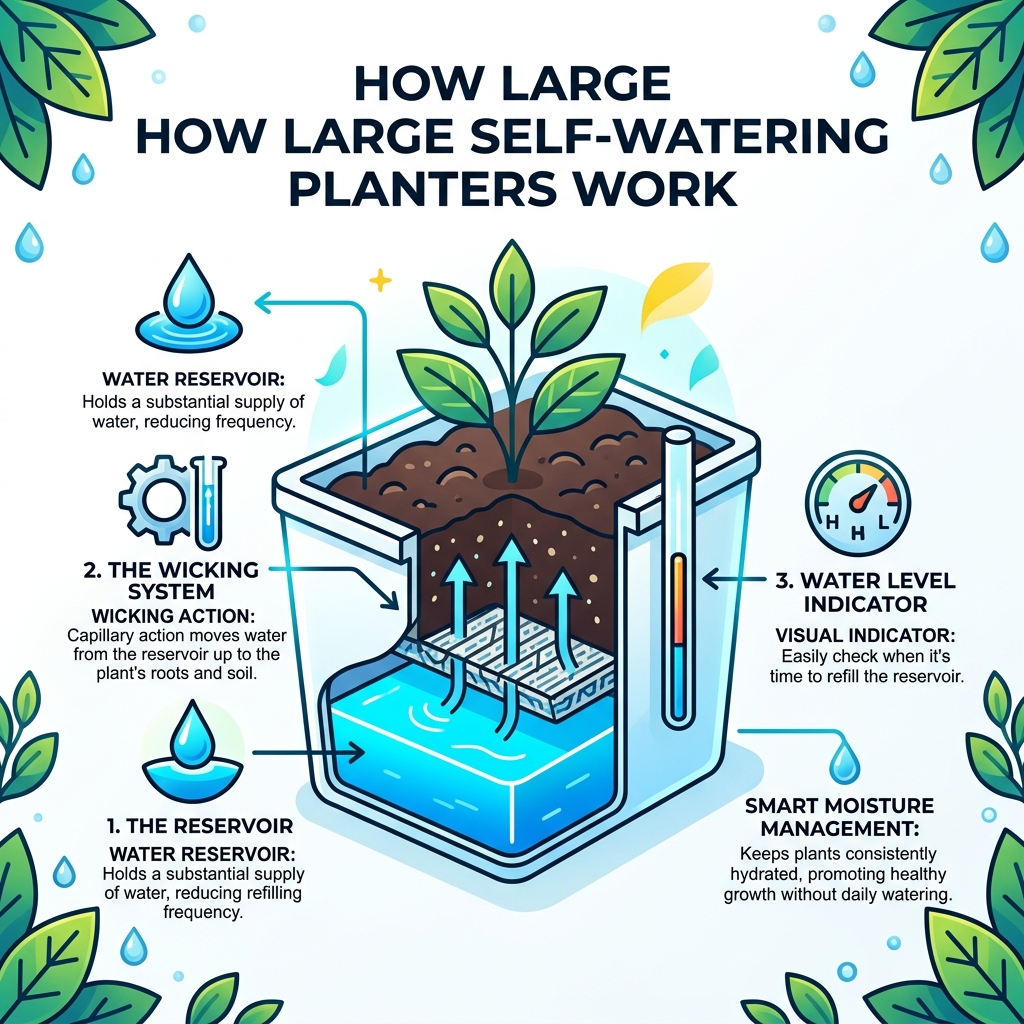 Infographic showing how large self-watering planters work: reservoir, wicking, water level indicator - large self watering