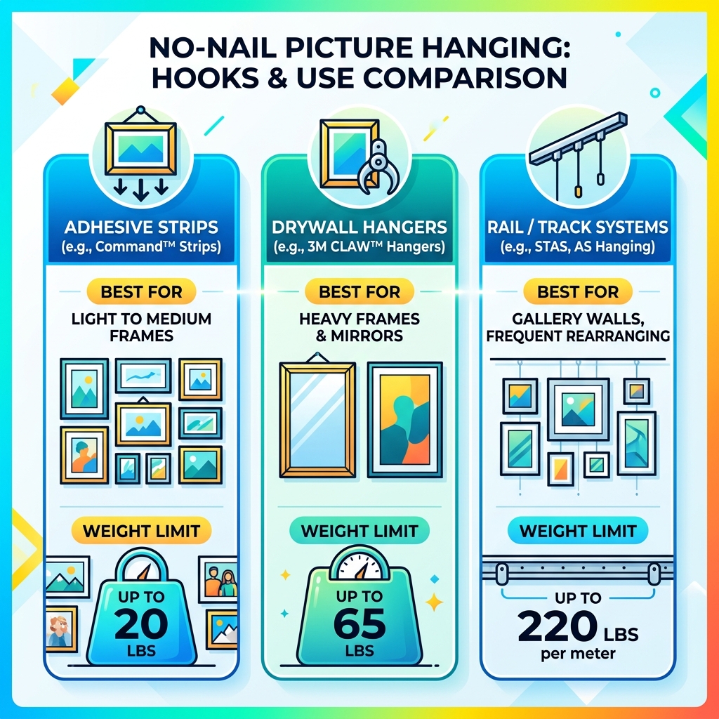 comparison infographic of no-nail picture hanging hook types, weight limits, and best uses - best hooks for hanging pictures comparison infographic of no-nail picture hanging hook types, weight limits, and best uses - best hooks for hanging pictures