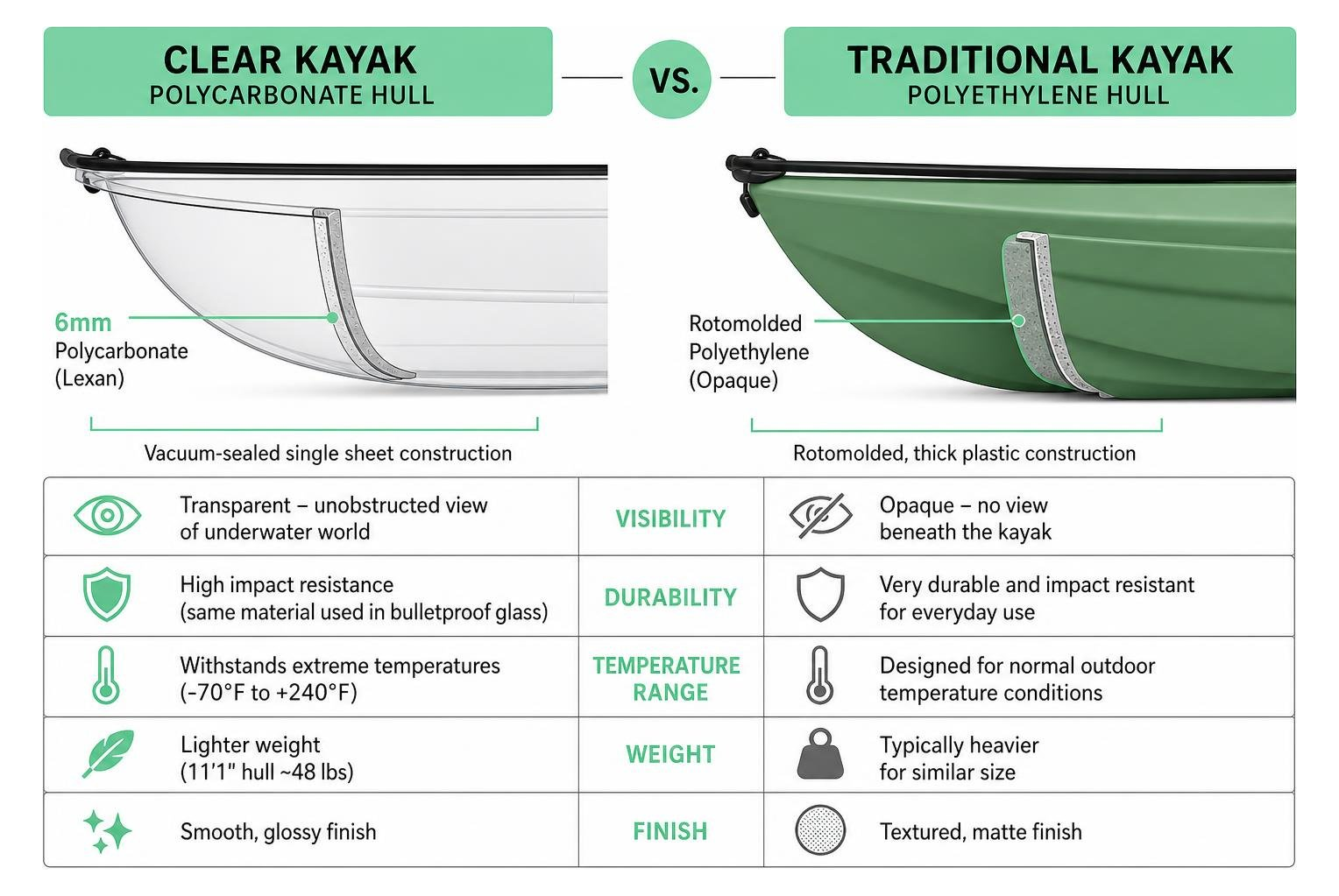 Comparison of clear kayak polycarbonate hull construction versus traditional polyethylene hull design Comparison of clear kayak polycarbonate hull construction versus traditional polyethylene hull design