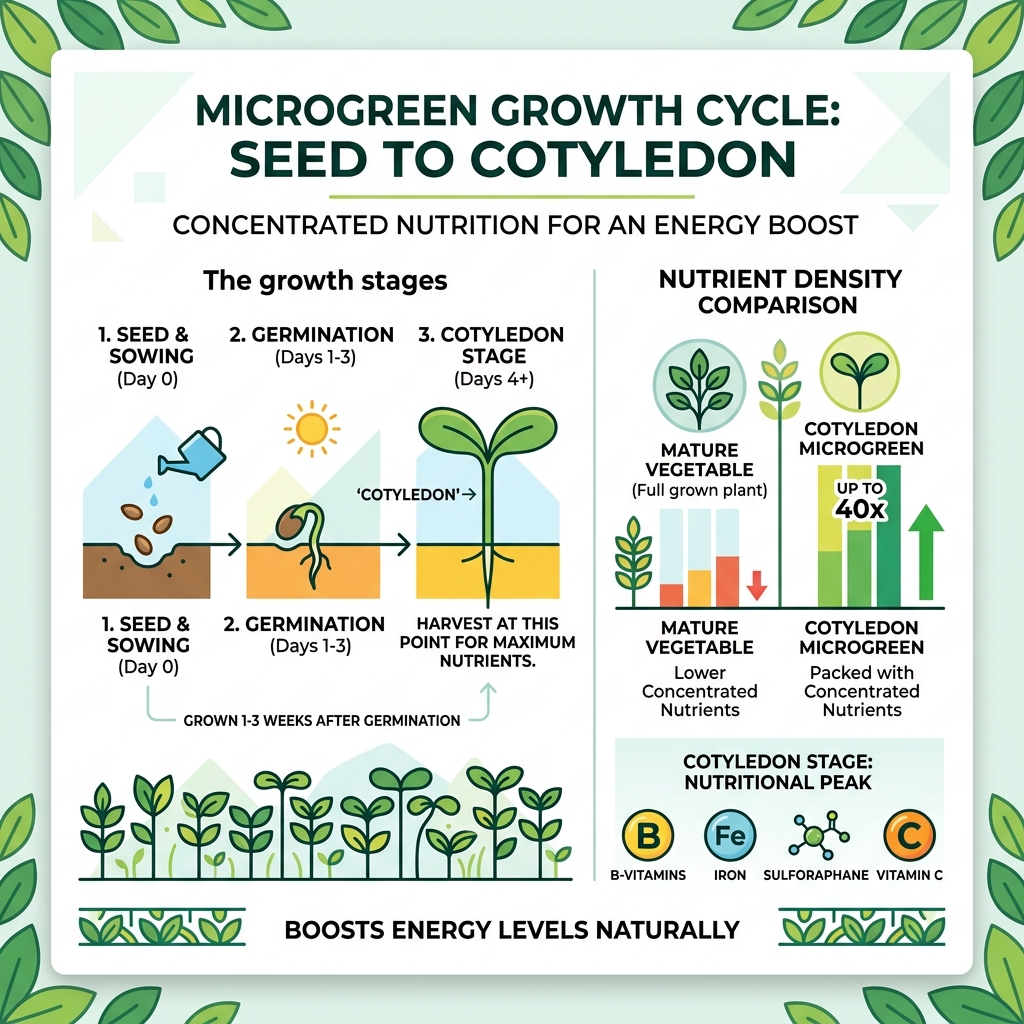 Microgreen growth cycle from seed to cotyledon stage with nutrient density comparison - microgreens for energy boost