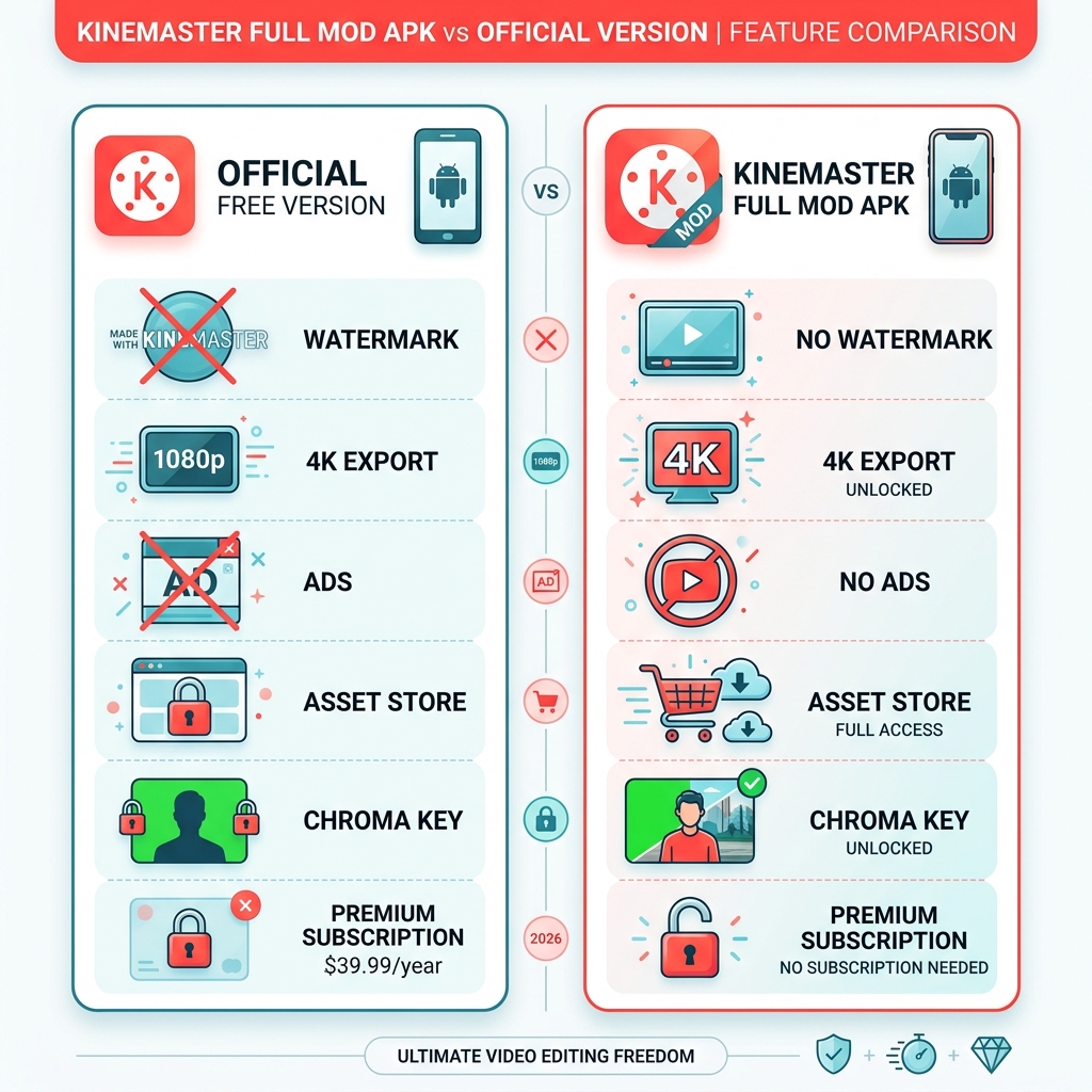 KineMaster Full Mod APK features vs official version comparison infographic - kinemaster full mod apk infographic KineMaster Full Mod APK features vs official version comparison infographic - kinemaster full mod apk infographic