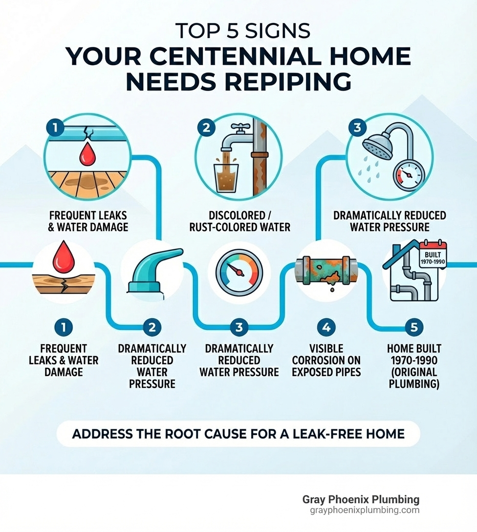 Infographic showing the top 5 signs your Centennial home needs repiping: 1) Frequent pipe leaks and water damage, 2) Discolored or rust-colored water, 3) Dramatically reduced water pressure, 4) Visible corrosion on exposed pipes, 5) Home built between 1970-1990 with original plumbing - repiping Centennial CO infographic 