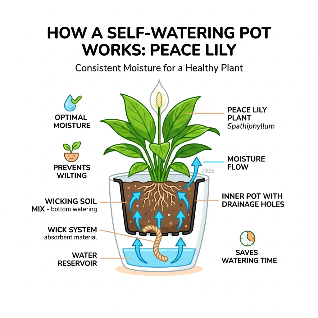 infographic showing self-watering pot wick system, reservoir, and moisture flow for peace lily - self watering peace lily infographic showing self-watering pot wick system, reservoir, and moisture flow for peace lily - self watering peace lily