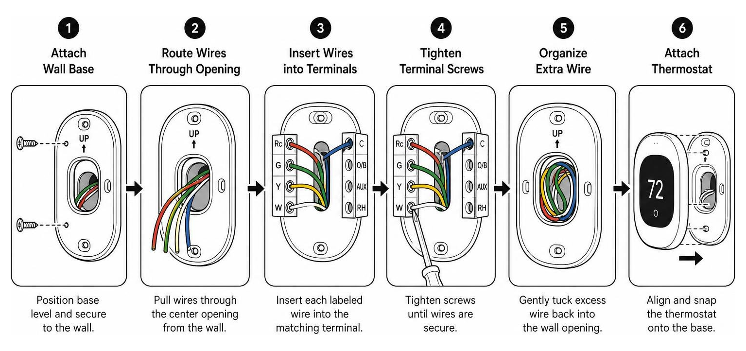 Thermostat wall base mounting and wire insertion process Thermostat wall base mounting and wire insertion process