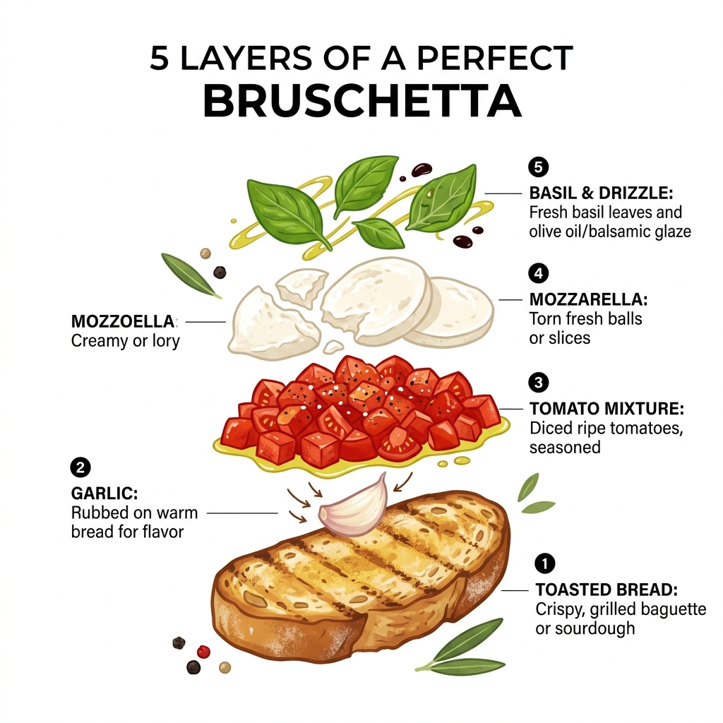 5 layers of a perfect bruschetta: toasted bread, garlic, tomato mixture, mozzarella, basil and drizzle - bruschetta tomato 5 layers of a perfect bruschetta: toasted bread, garlic, tomato mixture, mozzarella, basil and drizzle - bruschetta tomato