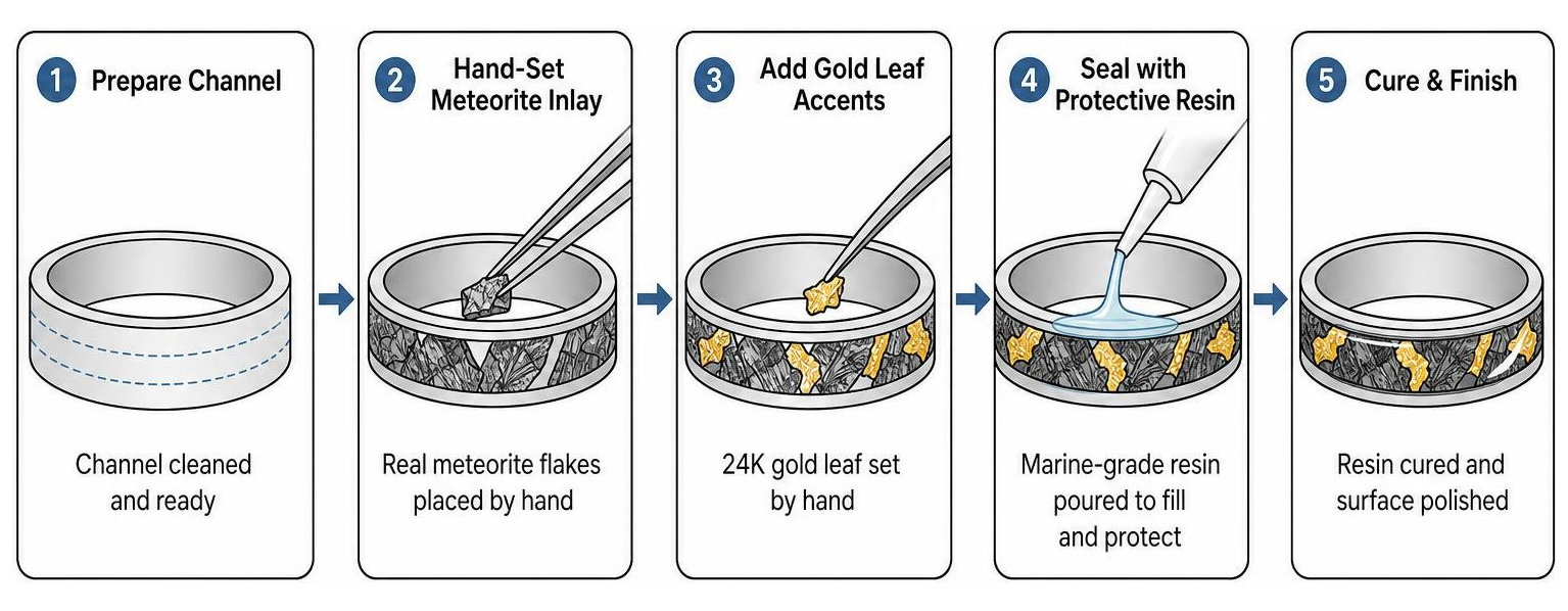 Process diagram showing hand-setting meteorite and gold leaf inlays sealed under protective resin