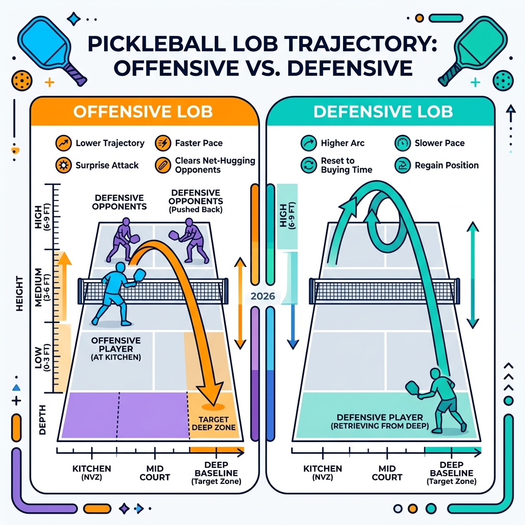 Infographic showing trajectory differences between offensive and defensive pickleball lobs with height and depth zones