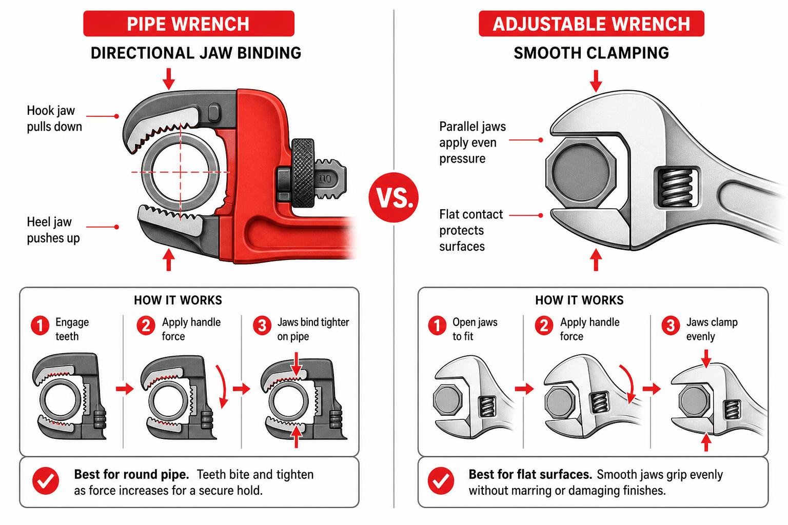 diagram comparing pipe wrench directional jaw binding vs smooth adjustable wrench clamping diagram comparing pipe wrench directional jaw binding vs smooth adjustable wrench clamping