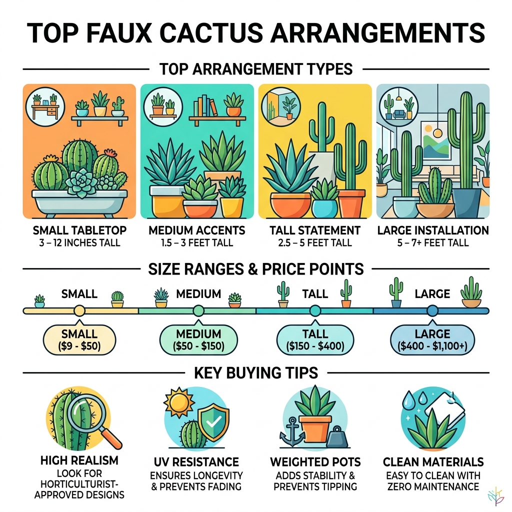 Infographic showing top faux cactus arrangement types, size ranges, price points, and key buying tips - faux cactus Infographic showing top faux cactus arrangement types, size ranges, price points, and key buying tips - faux cactus